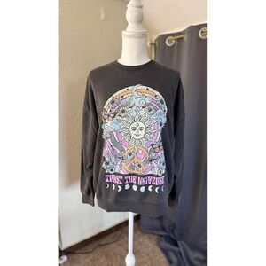 New Trust The Universe Celestial Mushroom Graphic Sweatshirt Faded Black Small